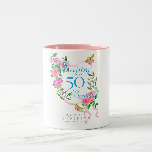 Rosa Ribbon Geburtstag Zweifarbige Tasse (Mittel)