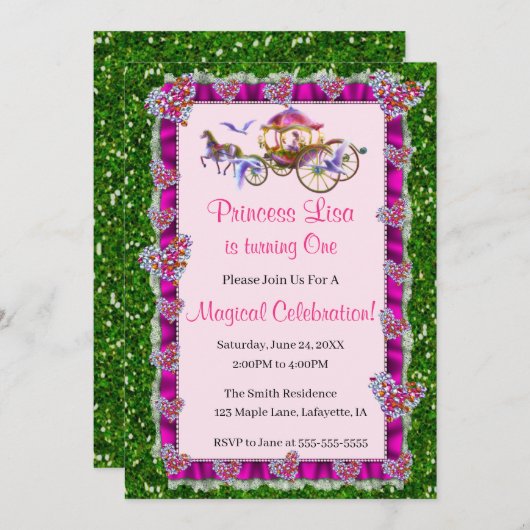 Rosa Ribbon Green Glitzer Royal Princess Birthday Einladung (Vorne/Hinten)