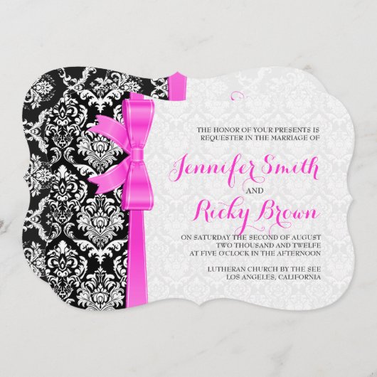 Rosa Ribbon schwarz und weiß Damasken Hochzeit Einladung (Vorne/Hinten)