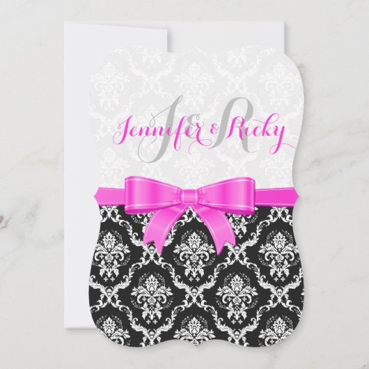 Rosa Ribbon schwarz und weiß Damasken Hochzeit Einladung (Rückseite)