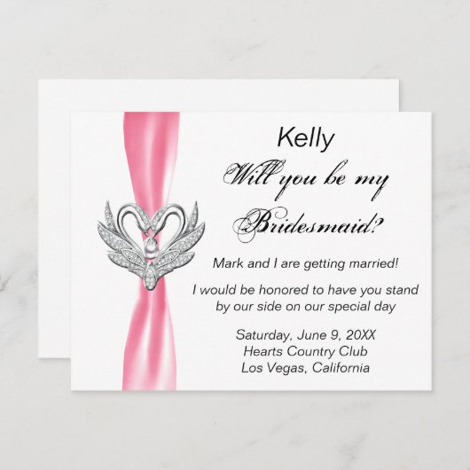 Rosa Ribbon Silber Schwans Bridesmaid Card Einladung (Vorne/Hinten)