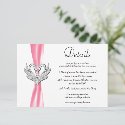 Rosa Ribbon Silberschwäne Hochzeitdetails Begleitkarte (Stehend Vorderseite)