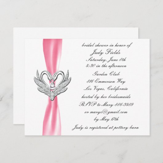 Rosa Ribbon Silver Swans Bridal Dusche Einladung (Vorne/Hinten)