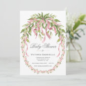 Rosa Ribbons Blumenreath Elegant Babydusche Einladung (Stehend Vorderseite)