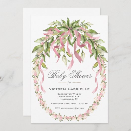 Rosa Ribbons Blumenreath Elegant Babydusche Einladung (Vorne/Hinten)
