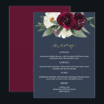 ROSA Rich Burgundy Floral Navy Blue 12x18" Menü Menükarte<br><div class="desc">Dieses Hochzeitsmenü bietet reichhaltige bordeauxfarbene und weiße Aquarelltöne,  einen marineblauen Hintergrund und einen eleganten goldenen Script-Schriftart. Diese "12x18"-Karte ist ideal für Ihre Winterhochzeit oder andere besondere Veranstaltungen. Pair mit allem aus der ROSA-Kollektion für ein einheitliches Aussehen: https://www.zazzle.com/collections/rosa_rich_burgundy_navy_blue_marsala_floral-119005800956334354</div>