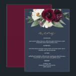 ROSA Rich Burgundy Floral Navy Blue 12x18" Menü Menükarte<br><div class="desc">Dieses Hochzeitsmenü bietet reichhaltige bordeauxfarbene und weiße Aquarelltöne,  einen marineblauen Hintergrund und einen eleganten goldenen Script-Schriftart. Diese "12x18"-Karte ist ideal für Ihre Winterhochzeit oder andere besondere Veranstaltungen. Pair mit allem aus der ROSA-Kollektion für ein einheitliches Aussehen: https://www.zazzle.com/collections/rosa_rich_burgundy_navy_blue_marsala_floral-119005800956334354</div>