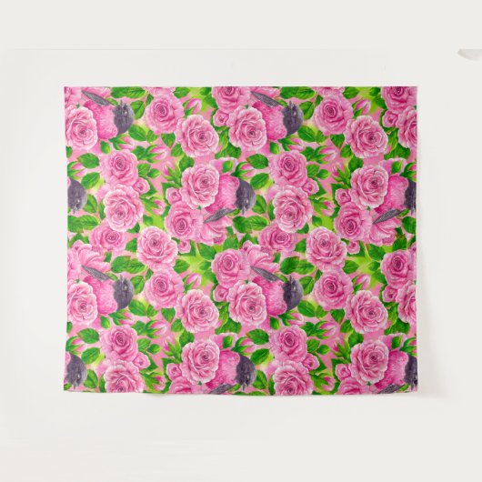 Rosa Robin und Rose Wandteppich (Vorderseite (Horizontal))