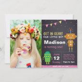 Rosa Roboter Einladung mit Foto (Vorderseite)