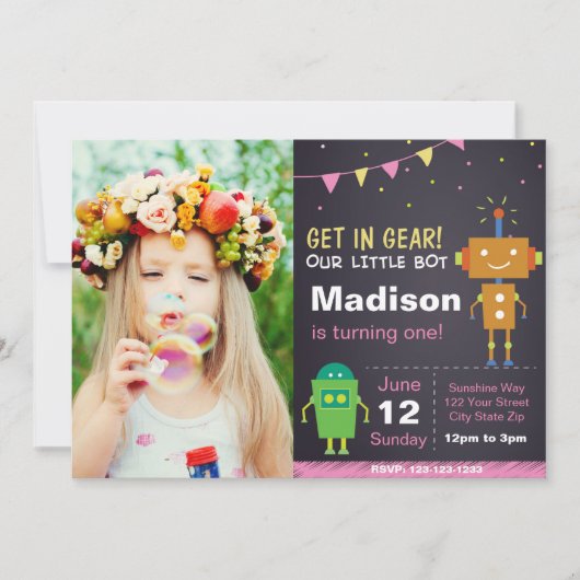 Rosa Roboter Einladung mit Foto (Vorderseite)