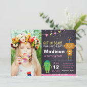 Rosa Roboter Einladung mit Foto (Stehend Vorderseite)