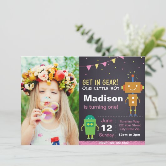 Rosa Roboter Einladung mit Foto (Stehend Vorderseite)
