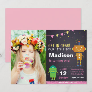 Rosa Roboter Einladung mit Foto