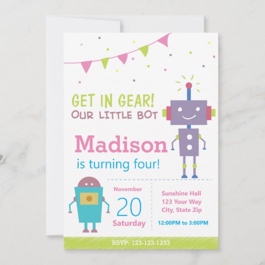 Rosa Roboter Geburtstag Teil Einladung (Vorderseite)