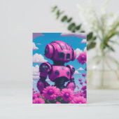 rosa Roboter in rosa Blume Postkarte (Stehend Vorderseite)