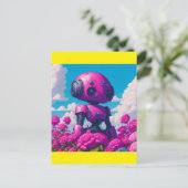 rosa Roboter in rosa Blume Postkarte (Stehend Vorderseite)