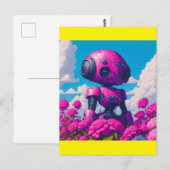 rosa Roboter in rosa Blume Postkarte (Vorne/Hinten)