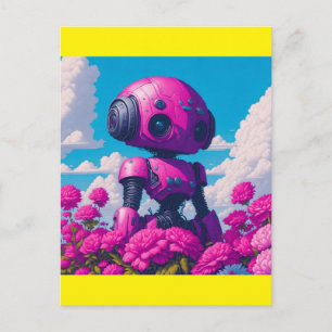 rosa Roboter in rosa Blume Postkarte