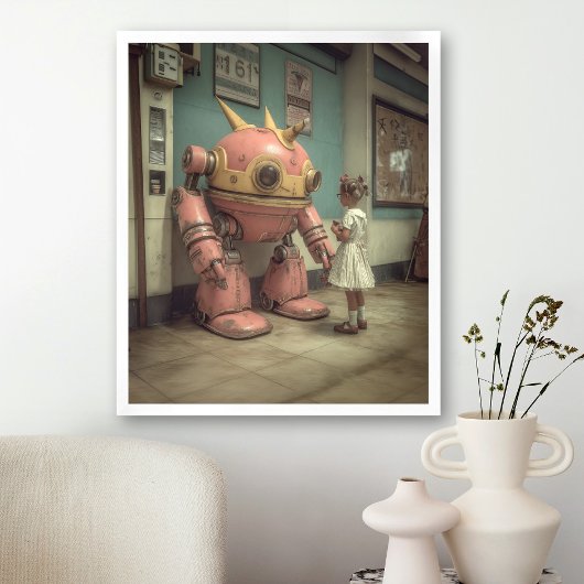Rosa Roboter junge Mädchen Illustration Vintag Ret Poster