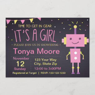 Rosa Roboter Kinderdusche Einladung