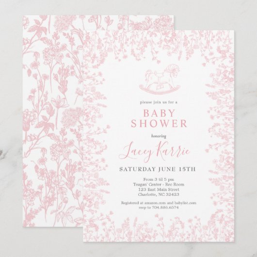 Rosa Rockpferd Kinderdusche Einladung (Vorne/Hinten)