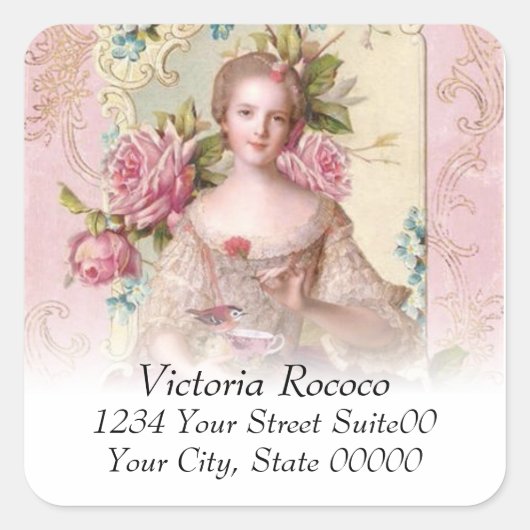 Rosa Rococo-Adresse Quadratischer Aufkleber (Vorderseite)