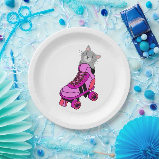 Rosa Roller Skate Cat Pappteller (Party)