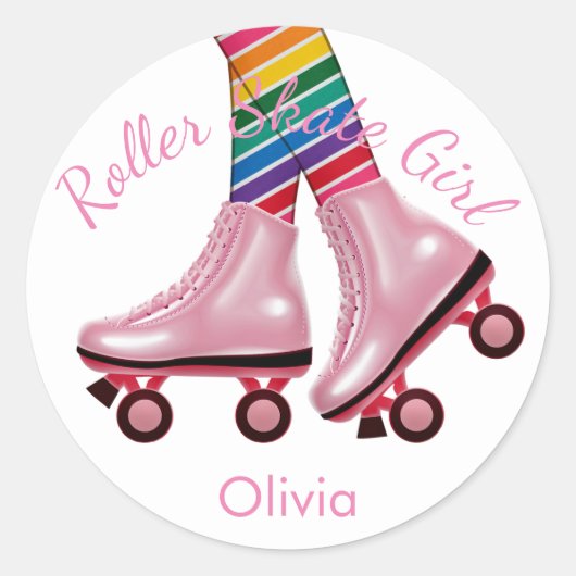 Rosa Roller Skate Girl Runder Aufkleber (Vorderseite)
