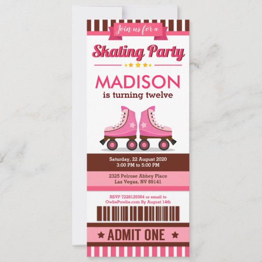 Rosa Roller Skate Sportticket Pass Geburtstag Einladung (Vorderseite)