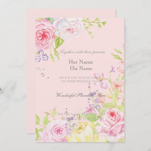 Rosa romantische Rose Einladung (Vorne/Hinten)