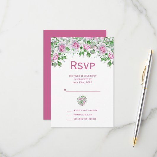 Rosa romantische Rose Hochzeit RSVP Karte (Vorderseite/Rückseite Beispiel)