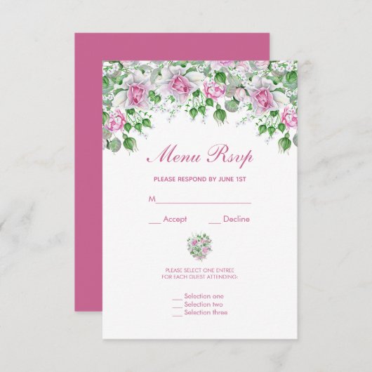 Rosa romantische Rose Hochzeitmenü-UAWG RSVP Karte (Vorne/Hinten)