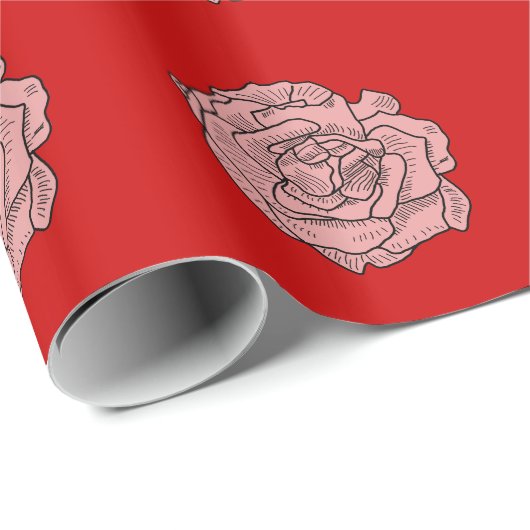 Rosa Rosa-Abbildung auf rotem Hintergrund Geschenkpapier (Rolleneckpunkt)