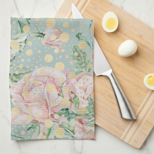 Rosa Rosa aquamariner Goldpolster Punkt Vintag Geschirrtuch (Viertel Falte)