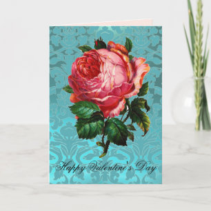 ROSA ROSA AUF AQUABLAUEM DAMAST Valentinstag Feiertagskarte