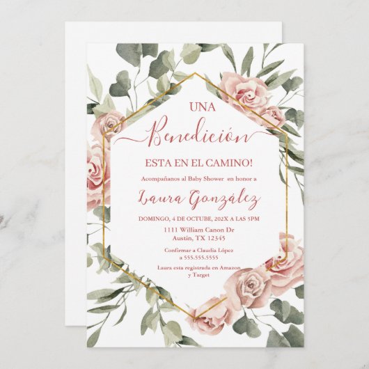 Rosa Rosa Babydusche Mädchen in Spanisch Einladung (Vorne/Hinten)