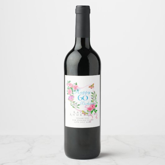 Rosa rosa Band 60. Geburtstag Weinetikett (Vorderseite)