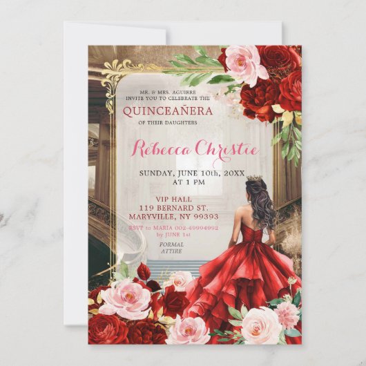 Rosa Rosa Blau Rote Flora Quinceañera Einladung (Vorderseite)
