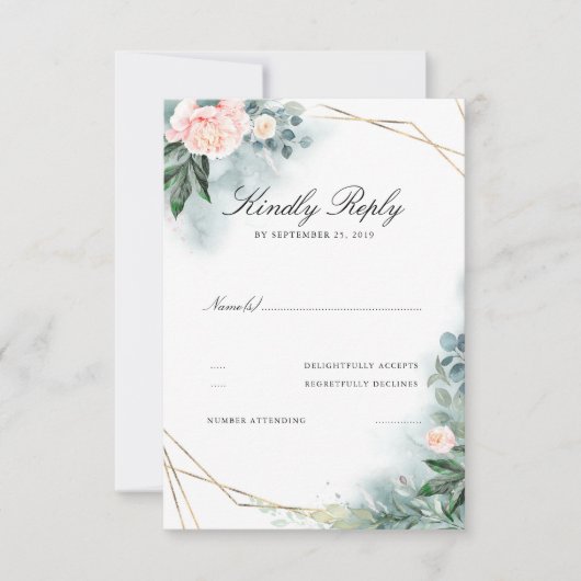 Rosa Rosa Blume Eleganter Goldrahmen Hochzeitszitz RSVP Karte (Vorderseite)