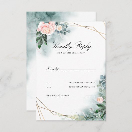 Rosa Rosa Blume Eleganter Goldrahmen Hochzeitszitz RSVP Karte (Vorne/Hinten)