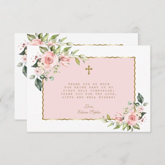 Rosa Rosa Blume Gold Cross Erste Heilige Kommune Dankeskarte (Vorne/Hinten)