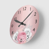 Rosa Rosa Blumen Rose Weiß Metall elegant Runde Wanduhr (Winkel)