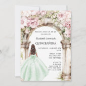 Rosa Rosa Blumengarnitur Gewand Quinceanera Einladung (Vorderseite)