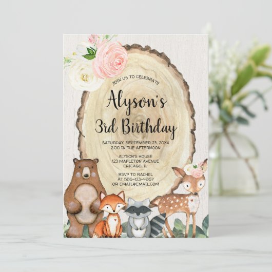 Rosa-Rosa-Blumenwald Geburtstag Einladung (Stehend Vorderseite)