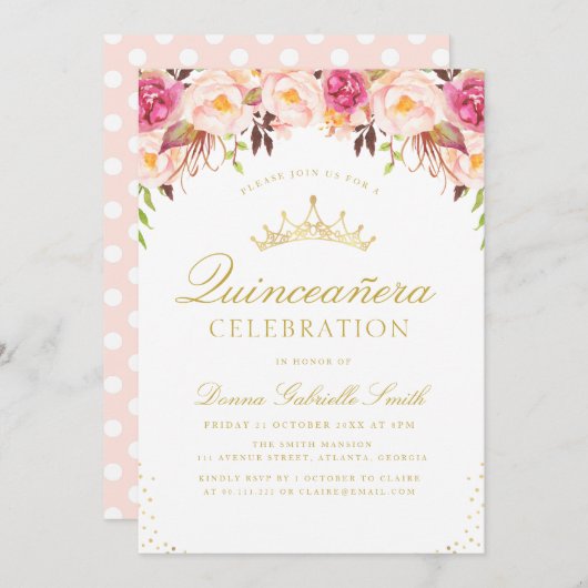 Rosa Rosa Blütenblüte Einladung Quinceanera (Vorne/Hinten)