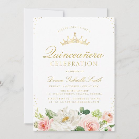 Rosa Rosa Blütenblüte Einladung Quinceanera (Vorderseite)