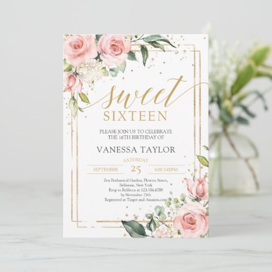 Rosa Rosa Blütengold 16 . Geburtstag Einladung (Stehend Vorderseite)