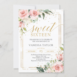 Rosa Rosa Blütengold 16 . Geburtstag Einladung