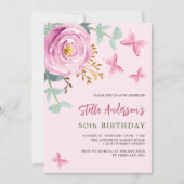 Rosa Rosa Blütenschmetterling Grüner Geburtstag Einladung (Vorderseite)