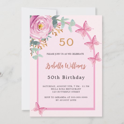 Rosa Rosa Blütenschmetterlinge Geburtstag Einladung (Vorderseite)